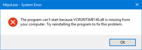 Operētājsistēmā Windows 10 trūkst kļūdas VCRUNTIME140.dll