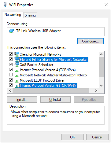zdieľanie súborov a tlačiarní pre sieť Microsoft
