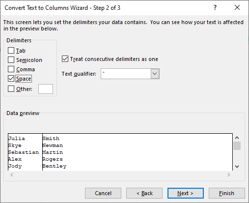 Brug kolonnefunktionen til at adskille for- og efternavne i Excel