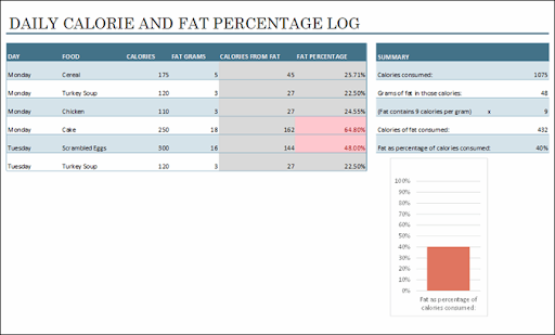 dienos maisto kalorijų ir riebalų žurnalo šablonas „Excel“