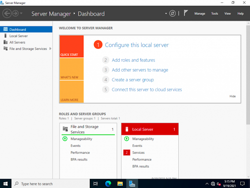   server manager + dashboard nel server Windows 2022